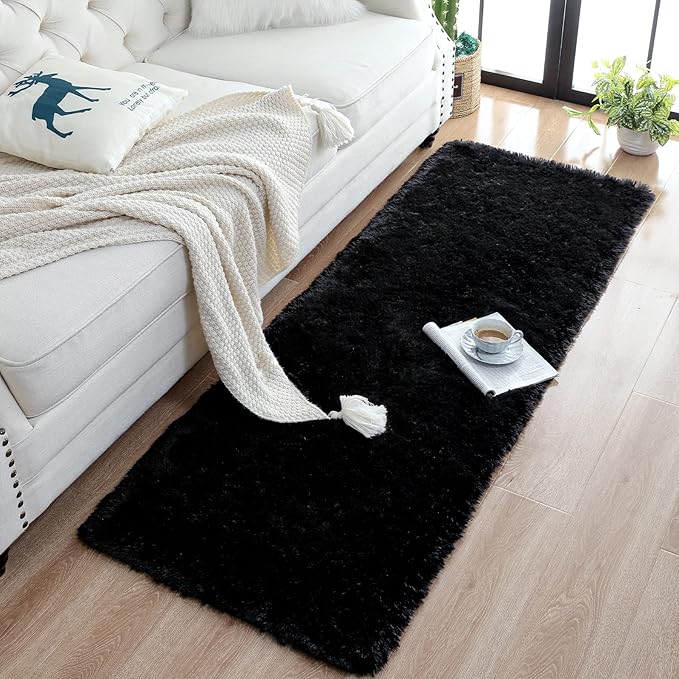 Chicrug Soft Runner Rugs for Bedroom Living Room Plush Fluffy Rug 3x10 Feet, Shag Furry Area Rug Carpet Non Shedding for Nursery Children Kids Girls Room Home Decorative, Black