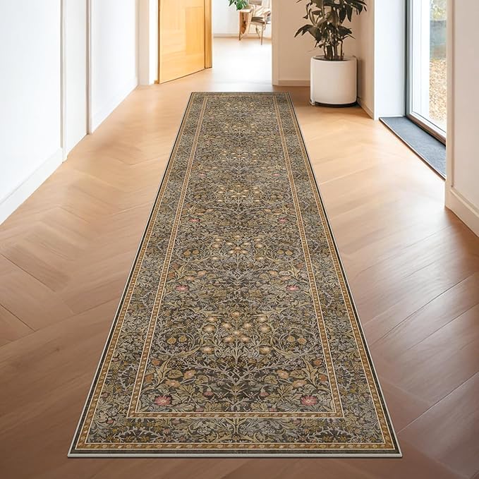 Hazo Haus Non Slip 2x10 Gold Brown Hallway Runner - 10ft Long Runner Rugs, Washable Kitchen Floor Mat - Vintage Floral Design Décor