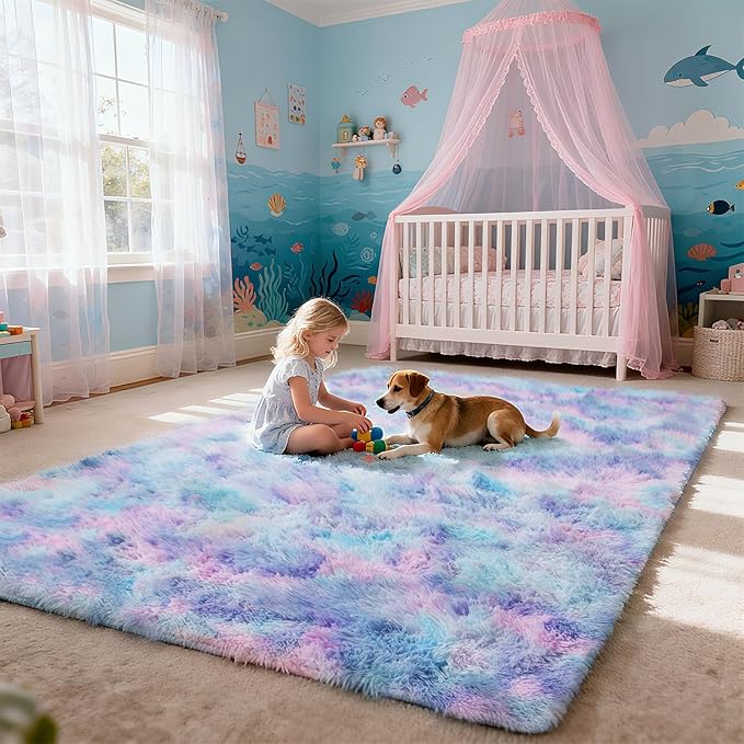 Shag Area Rug for Bedroom 4x6,Fluffy Area Rugs for Living Room,Soft Fuzzy Rug Non-Shedding Indoor Plush Carpet for Kids Bedroom Nursery Dorm Home Decor,Rainbow Purple