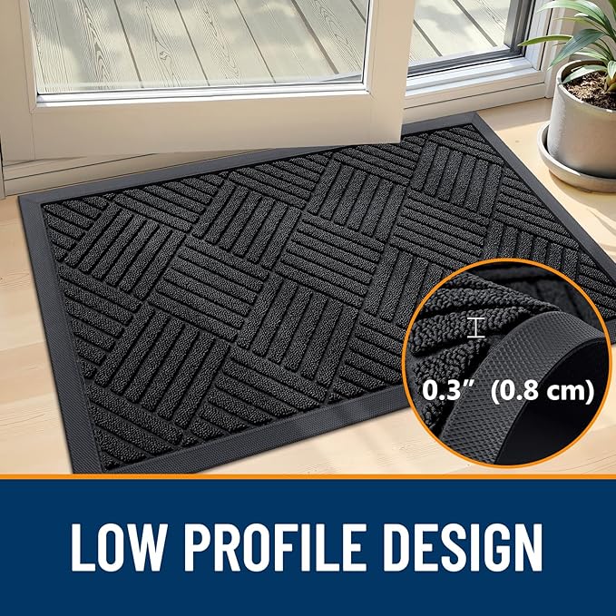 OLANLY Front Door Mat Outside Entrance 47x17, Absorbent, Heavy Duty Sturdy Natural Rubber Doormat Indoor Outdoor, Stain and Fade Resistant, Non-Slip Low Profile Floor Mat for Entryway, Black Diamond