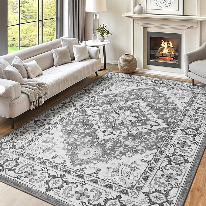 Lofus 9x12 Area Rugs for Living Room, Washable Area Rug, Rugs for Bedroom, Kitchen Rug, Vintage Boho Carpet, Soft Non-Slip, Low Pile Large Area Rug for Office Dining Room, Floral Grey