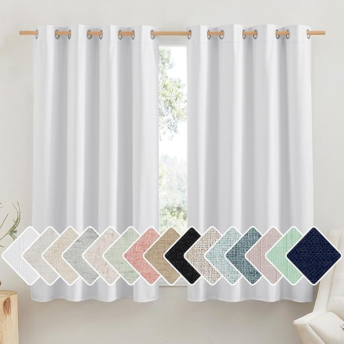 NICETOWN 100% Absolutely Blackout Linen Curtains with Thermal Insulated White Liner, White, 52 inches Wide, 48 inches Length Energy Saving Curtains for Cupboard 2 Panels Set, Vertical Blinds
