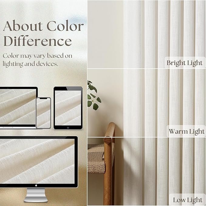 Guken 100% Blackout Cream Linen Curtains 52 Inch Wide by 56 Inch 2 Panels Set for Kitchen Small Windows Back Tab Thermal Insulated Black Out Linen Drapes Room Darkening Curtains