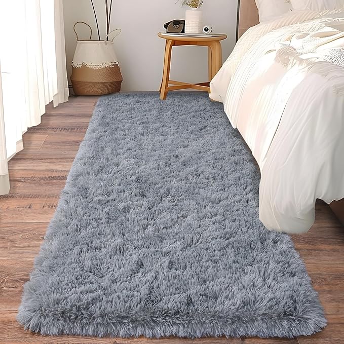 Soft Runner Rugs for Bedroom Hallways, 2x6 Grey Fluffy Shag Throw Area Rug Non Slip for Bedside Dorm, Long Shaggy Furry Carpet for Nursery Living Room