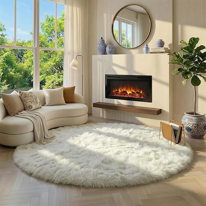 Amdrebio Ivory White Round Rug 5Ft for Bedroom Living Room Aesthetic, Neutral Fluffy Fuzzy Circle Area Rugs for Kids Room Playroom, Circular Plush Soft Shaggy Cream Carpet for Dorm Teen Baby Nursery