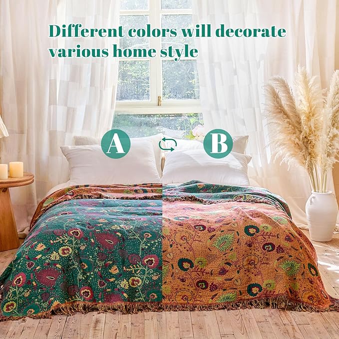 MSGKV Boho Throw Blanket for Couch and Sofa Cotton Blankets for Living Room Bedroom Reversable Florals Throw 60"x80" Spring Breathable Cozy Blankets