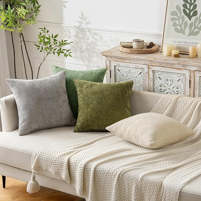 MIULEE Pack of 2 Couch Throw Pillow Covers 18x18 Inch Sage Green Modern Boho Accent Decorative Pillow Covers Soft Chenille Farmhouse Cushion Covers for Home Decor Bed Sofa Living Room