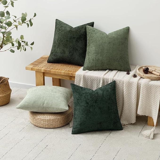 MIULEE Pack of 4 Couch Throw Pillow Covers 20x20 Inch Green Soft Decorative Chenille Pillow Covers Farmhouse Accent Cushion Covers for Boho Spring Home Decor Sofa Bedroom Living Room