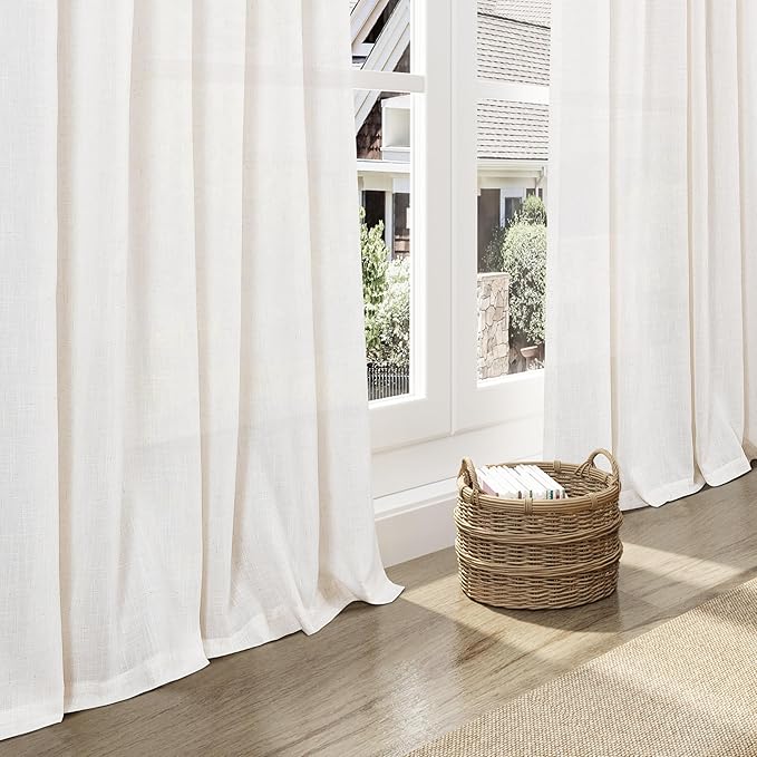 Ivory White Linen Curtains for Living Room 126 Inches Long Light Filtering Semi Sheer Curtain Back Tab Neutral Modern Farmhouse Decor Drapes Floor to Ceiling High Window for Bedroom 52x126, 2 Panels