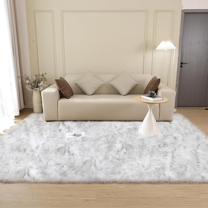 ORINOVA White and Grey Faux Shaggy Fur Rug for Living Room Plush Washable Sheepskin Fur Area Rugs 3x5 Nursery Rug