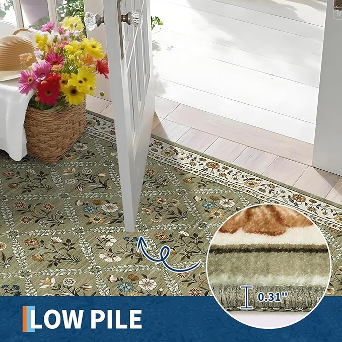 Large Entryway Rug 3x5 Floral Washable Area Rugs Vintage Soft Non-Slip Small Floor Carpet Doormat Stain Resistant Low-Pile Ultra-Thin Entry Mat for Bedside Kitchen Green