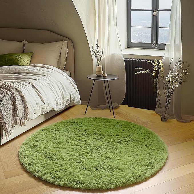 ONASAR Grass Green Round Area Rug 4ft, Soft Bedroom Circle Rugs Floor Mat for Kids Girls Teen Room, Cute Fluffy Plush Shaggy Carpet for Baby Nursery Living Room Playroom Dorm Home Decor
