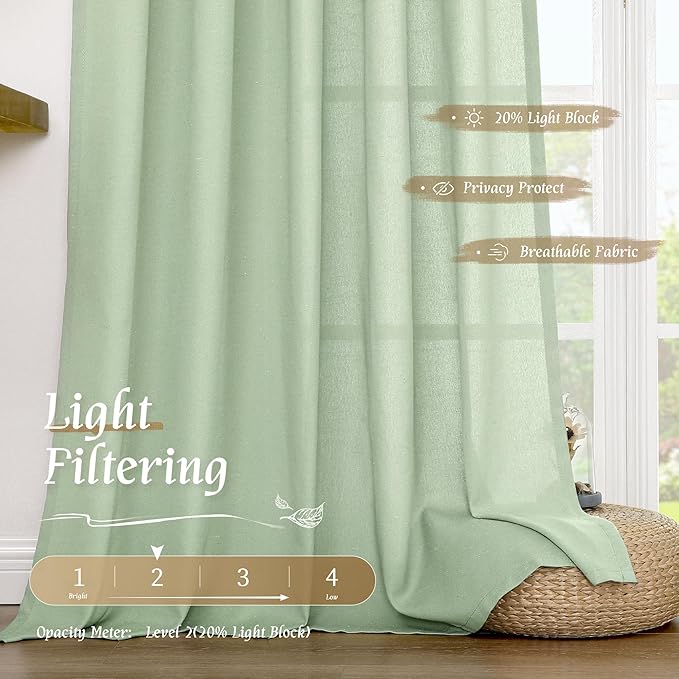 LAMIT Light Green Linen Window Curtains 63 Inch Length, Light Filtering Neutral Privacy Curtain Panels Farmhouse Rod Pocket Living Room Drapes for Bedroom, 2 Panels, 52 x 63 Inch