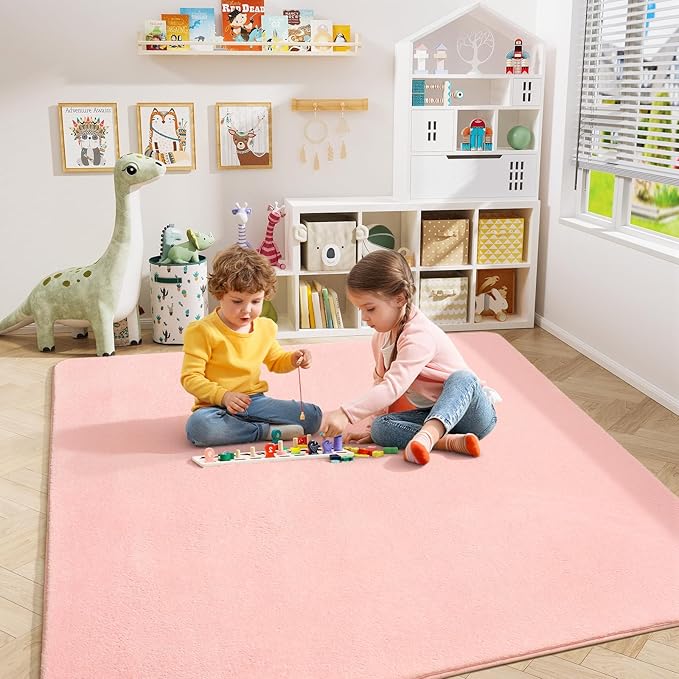 Amearea 5x5 Square Area Rugs for Bedroom Living Room, Modern Pink Thickened Memory Foam Rug, Fluffy Indoor Washable Rugs Non Slip Minimalist Carpet for Kids Boys Girls Dorm Nursery Room Decor