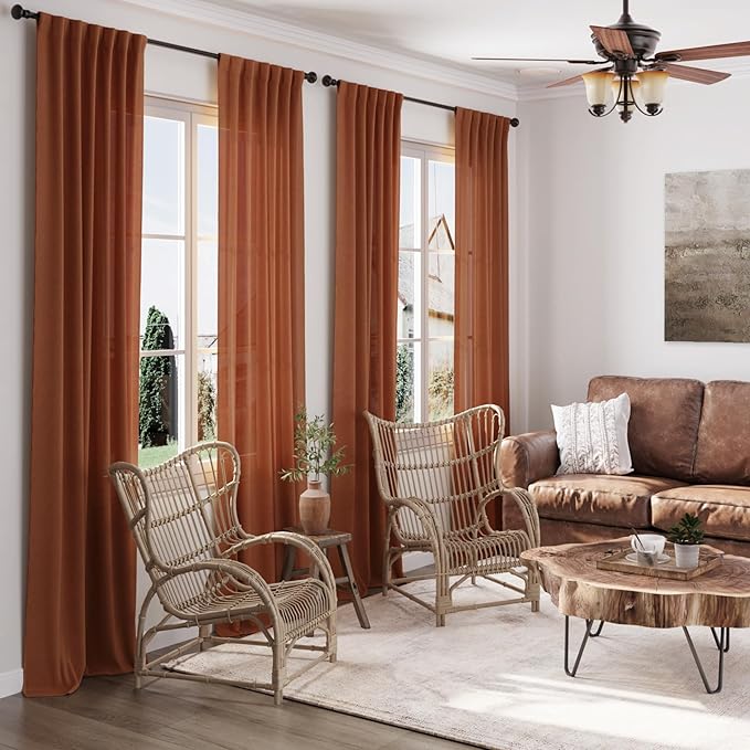 2 Panels Terracotta Linen Curtains 105 inches Long for Living Room Extra Long Back Tab Semi Sheer Rustic Farmhouse Boho Curtains Ceiling to Floor Length 105 inch for Large Window Rust Colored 9 FT