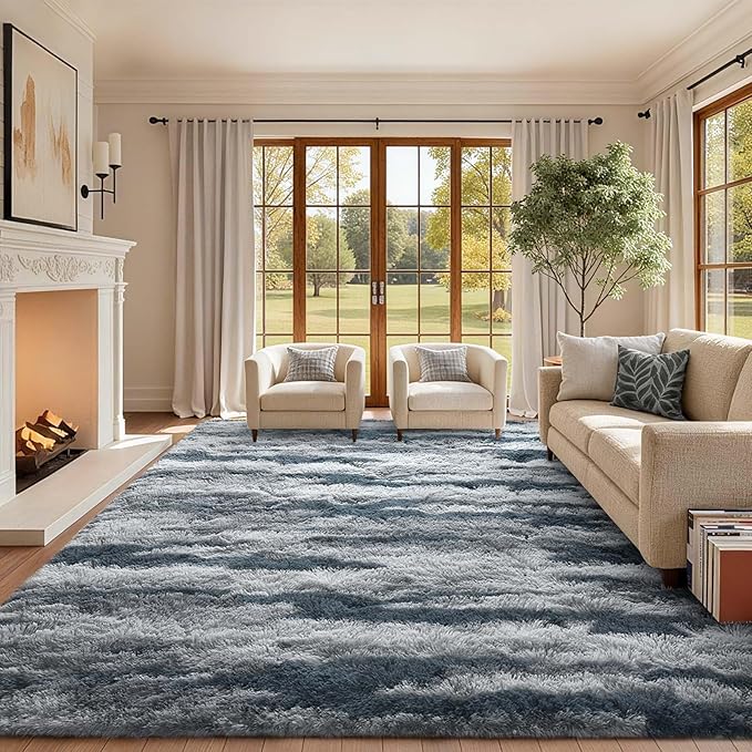 6x9 Ft Large Shag Rugs for Living Room Decor, Tie-Dyed Ultra Soft Fluffy Furry Area Rugs for Bedroom Indoor Floor, Aesthetic Carpet for Kids Home (Blue)