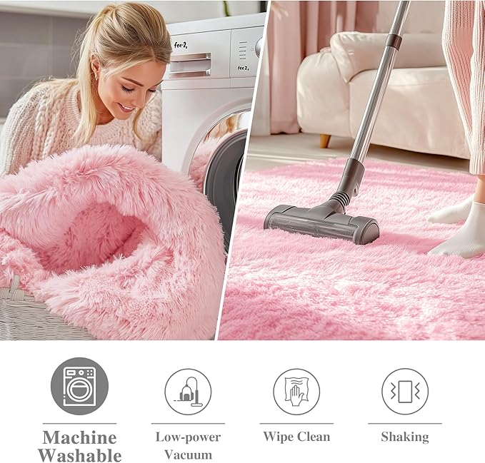 OLANLY Pink Round Rugs for Bedroom - Machine Washable, 8 ft Circle Area Rugs for Living Room, Soft and Fluffy Shaggy Carpet for Teen Girls and Boys, Nursery Rooms, Dorms, Home Decor Aesthetic