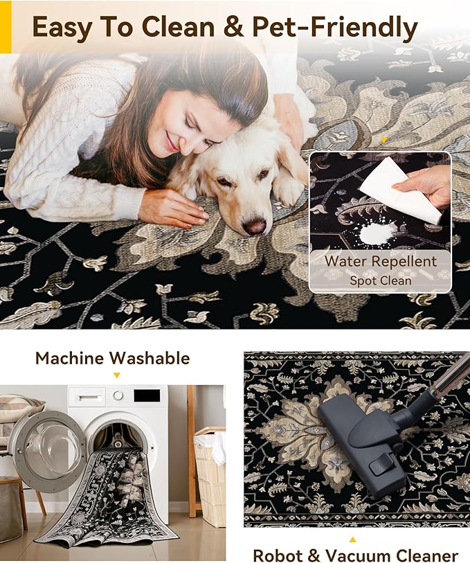 RELEANY Area Rugs 7'x10' Washable Non-Slip, Floral Vintage Distress Print Pattern Medallion Carpet for Living Room Bedroom Dining Room, Black Brown Neutral Dark Tan