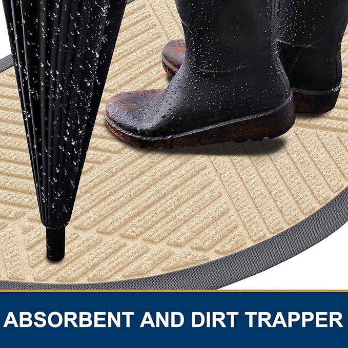 Smiry Half Circle Front Door Mat Outside Entrance, Heavy Duty Sturdy Natural Rubber Doormat, Trap Dirt and Moisture, Low Profile Mats for Indoor Outdoor Entry, Irregular Triangle (29.5x17, Beige)