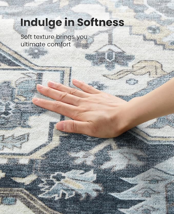 AMADA HOMEFURNISHING 9x12 Area Rug, Washable Low-Profile Large Area Rug with Non-Slip Backing & Durable Edge Binding, Vintage Large Rugs for Living Room, Bedroom