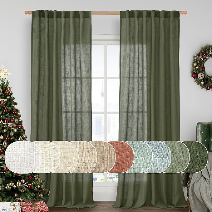 LAMIT Olive Green Linen Curtains for Living Room, 2 Panels, Light Filtering Semi Sheer Panels with Back Tab and Rod Pocket, 52 x 108 Inch