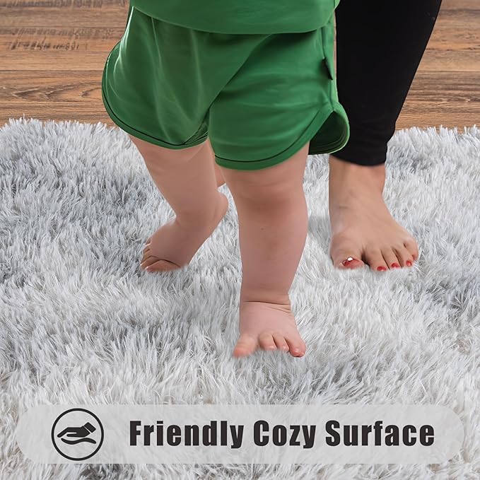 Ultra Soft Runner Rugs for Bedroom Hallways with Upgraded Non-Slip Rubber Backing & Thick Memory Sponge, 2x8 Feet Fluffy Shag Throw Area Rug for Bedside Dorm Tie-dye Light Grey