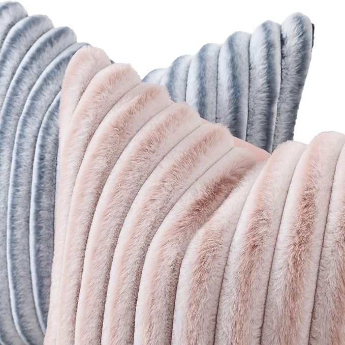 decorUhome Summer Cozy Faux Fur Throw Pillow Covers 18x18 Set of 2 Decorative Soft Plush Striped Modern Farmhouse Boho Couch Pillow Cases with Velvet Back for Sofa Bed Living Room, Pink White