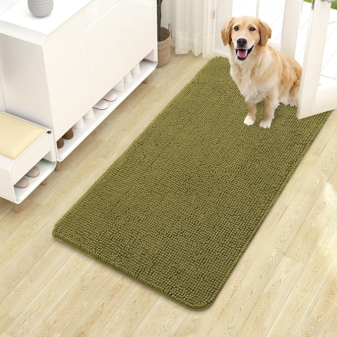 OLANLY Dog Door Mat for Muddy Paws 40x24, Absorbs Moisture and Dirt, Absorbent Non-Slip Washable Doormat, Quick Dry Chenille Mud Mat, Entry Indoor Entryway Carpet for Inside Floor, Willow Green
