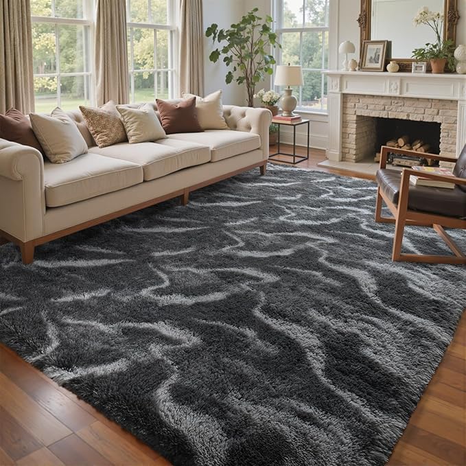 6x9 Ft Large Shag Rugs for Living Room Decor, Tie-Dyed Ultra Soft Fluffy Furry Area Rugs for Bedroom Indoor Floor, Aesthetic Carpet for Kids Home (Grey)