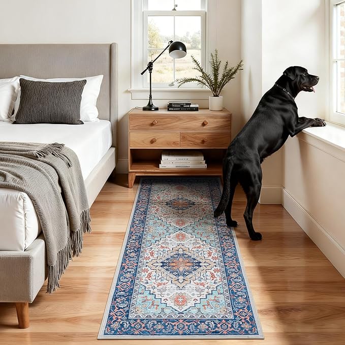 Lofus 2x6 Hallway Washable Runner Rug, Vintage Kitchen Runners Non Slip, Entryway Rugs for Bathroom Bedroom Living Room Laundry Room Floor Mat, Boho Entry Long Carpet, Floral Blue