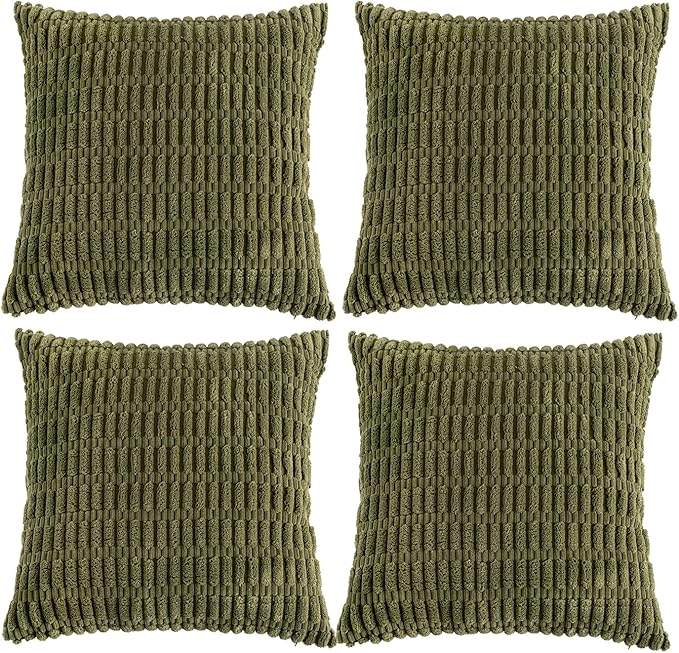 Fancy Homi 4 Packs Boho Moss Green Decorative Throw Pillow Covers 22x22 Inch for Couch Bed Sofa, Rustic Modern Farmhouse Home Decor, Soft Plush Corduroy Cute Square Cushion Case 55x55 cm
