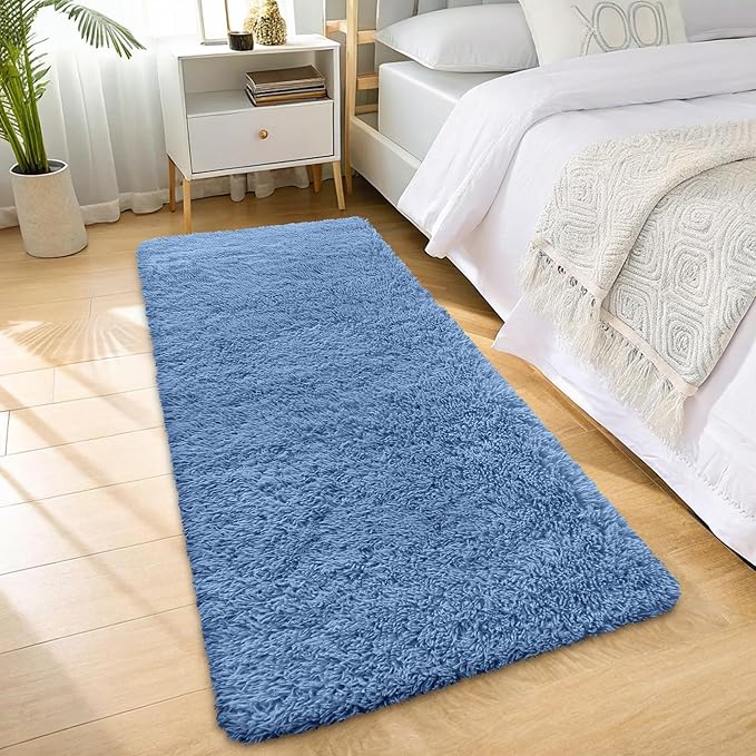 OLANLY 2x6 Machine Washable Runner Rugs for Hallway, Soft Fluffy Shaggy Bedside Rugs for Bedroom, Living Room, Indoor Floor Carpet for Kids Girls and Boys, Home Decor Aesthetic, Blue