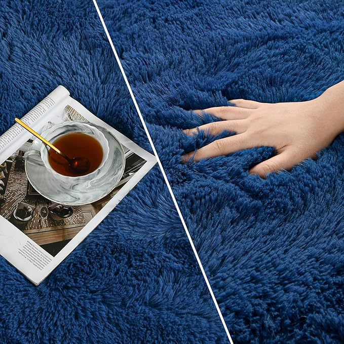 Deerhoo Large Shag Area Rugs 10 x 14, Plush Fuzzy Rugs for Living Room, Ultra Soft Fluffy Furry Rug for Bedroom, Anti-Skid Indoor Solid Carpet Nursery Rugs for Kids Room Home Decor, Navy Blue