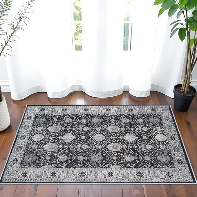 Washable 2x3 Entryway Area Rug: Vintage Soft Thin Door Mat with Non Slip Backing Water Resistant Carpet for Bedroom Low Pile Floor Mat for Kitchen Bathroom Easy Clean Rug for Family (2 X 3, Black)