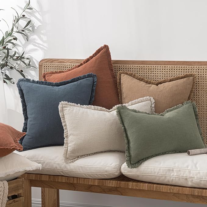 MIULEE Decorative Throw Pillow Covers Neutral Linen Fringe Throw Pillows Set of 2 Brick Boho Farmhouse Cushion Covers with Tassels for Couch Sofa Bed Living Room Spring Home Decor 18x18 Inch