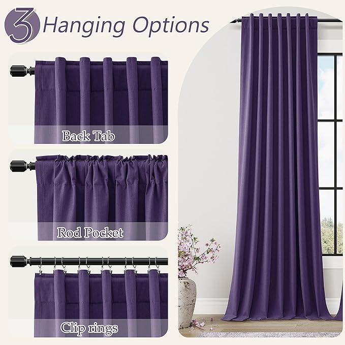 Guken 100% Blackout Curtains 108 Inch Length 2 Panels Set for Living Room Bedroom Back Tab Thermal Insulated Black Out Linen Drapes Room Darkening New Purple,52x108
