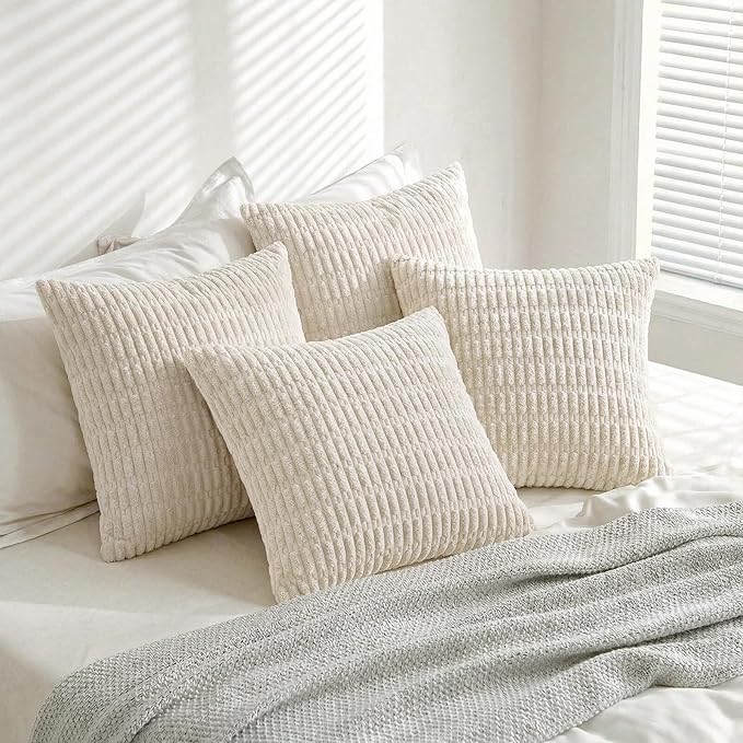 Fancy Homi 4 Packs Boho Cream Decorative Throw Pillow Covers 26x26 Inch for Living Room Couch Bed Sofa, Rustic Modern Farmhouse Home Decor, Soft Plush Corduroy Beige Cute Square Cushion Case 66x66 cm