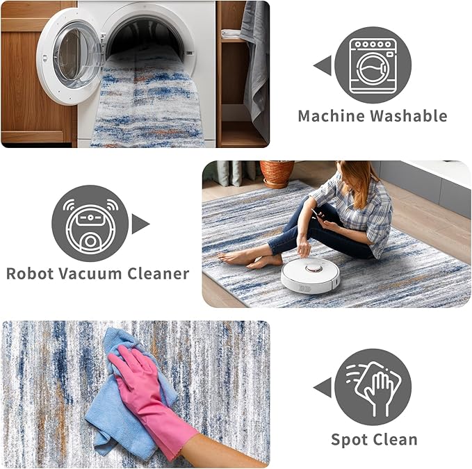 3x12 Washable Hallway Runner Rug: Extra Long Runners for Entryway Living Room Dining Room - Stain and Water Resistant Rugs with Non-Slip Backing - Soft Low-Pile Carpet 12ft Navy Grey
