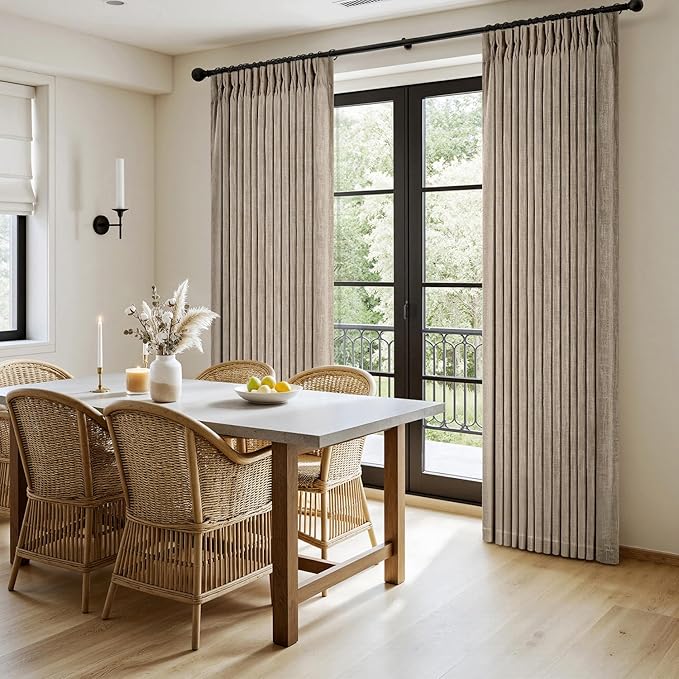 MIULEE Pinch Pleated Thick Linen Curtains 84 Inches Long 2 Panels for Living Room Bedroom, Memory Trained Drapes Pleat Back Tab Light Filtering Grey Beige Window Curtains with Hooks&Rings