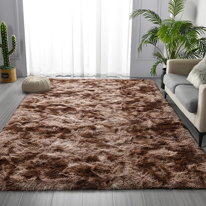 Deerhoo Large Shag Area Rugs 6 x 9, Tie-Dyed Plush Fuzzy Rugs for Living Room, Ultra Soft Fluffy Furry Rug for Bedroom, Indoor Carpet Nursery Rugs for Kids Room Home Decor, Coffee