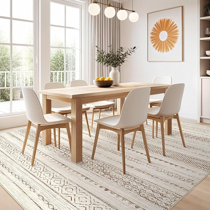 Nakagishi 6x8 Area Rug Living Room: Washable Boho Large Neutral Modern Soft Farmhouse Rugs Stain Resistant Indoor Floor Non-Slip Carpet for Bedroom Nursery Kids Playroom Office Dining Room- Brown