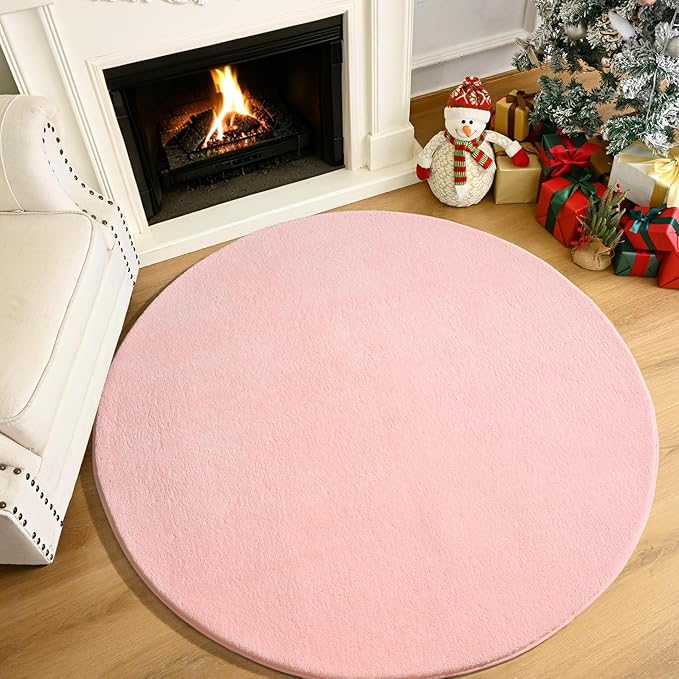 Amearea Pink Round Area Rugs 5ft Washable Circle Rugs for Bedroom Living Room, Fluffy Indoor Thickened Memory Foam Rug, Non Slip Minimalist Circular Carpet for Kids Boys Girls Dorm Nursery Room Decor