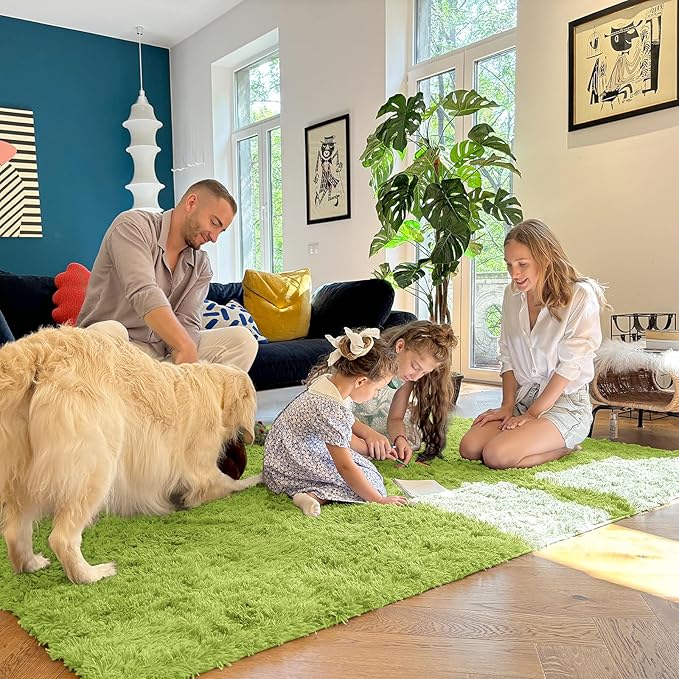 OLANLY Area Rugs for Living Room Bedroom, Machine Washable 4x5.9 ft Soft Fluffy Shaggy Bedside Rug, Indoor Floor Carpet for Kids Girls and Boys, Dorms, Nursery Rooms, Home Decor Aesthetic, Grass Green