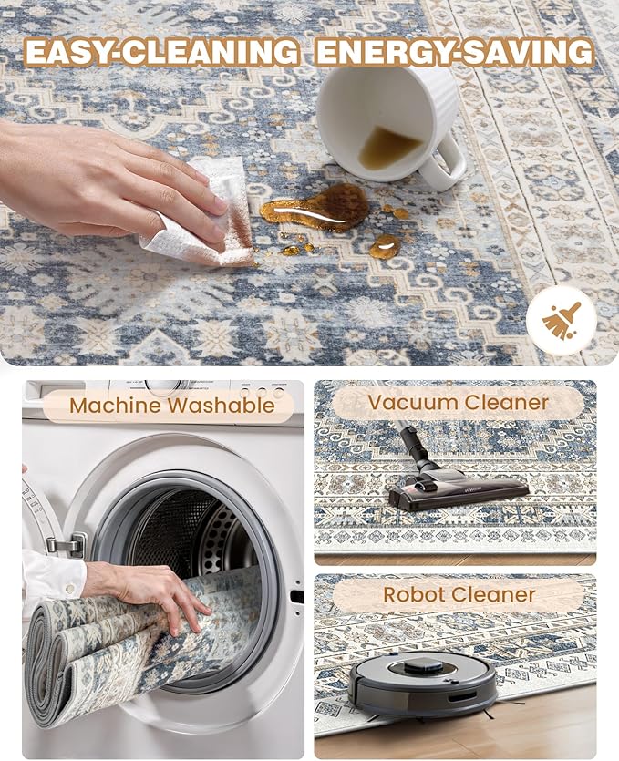 3x10 Runner Rug Non Slip Washable for Entryway, Front Porch, Vintage Hallway Runner for Laundry Room, Bedroom, Stain Resistant Thin Indoor Kitchen Mats for Floor(Blue/Beige,3'x10')