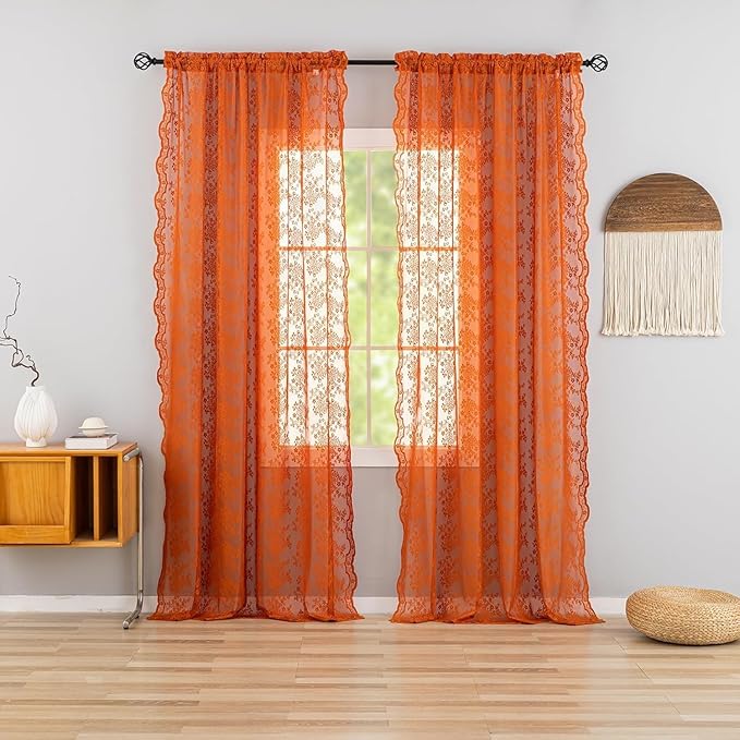 YJ YANJUN Vintage Lace Curtains 90 Inches Long-Rustic Floral Burnt Orange Sheer Curtain Panels for Bedroom Dining Room Office,Light Filtering, Boho Neutral Aesthetic Decor 52 Wx90L Terracotta