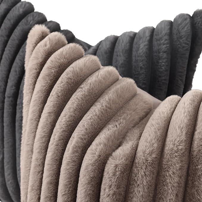 decorUhome Cozy Faux Fur Throw Pillow Covers 26x26 Set of 2 Decorative Soft Plush Striped Modern Farmhouse Boho Couch Euro Sham Pillow Cases with Velvet Back for Sofa Bed Living Room, Dark Grey