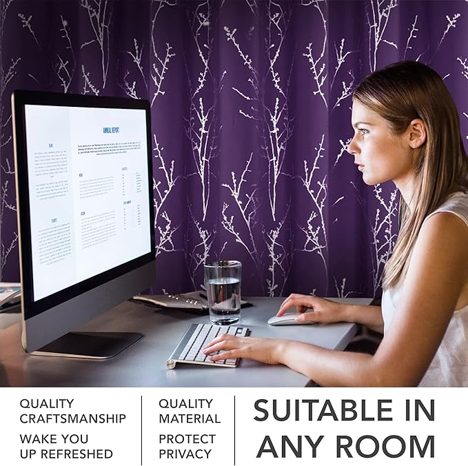 Deconovo Blackout Curtains, Purple Curtain, Thermal Insulated Soundproof Grommet Drapes, Silver Tree Foil Print, 52 x 63 Inch, 2 Panels, Machine Washable Window Panel for Living Room Bedroom Office