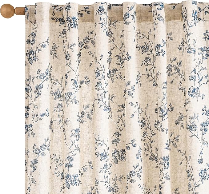 Lazzzy Farmhouse Linen Curtains Extra Long Blue Floral Curtains 108 Inch Long Back Tab Drapes for Living Room Bedroom Light Filtering Country Vintage Rod Pocket, 2 Panels, Blue on Beige