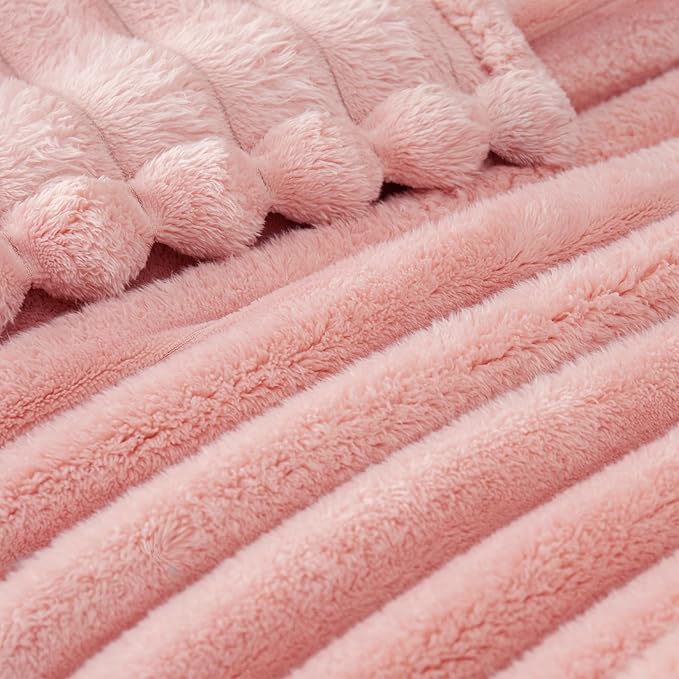 Exclusivo Mezcla Twin Size Flannel Fleece Blanket, Super Soft Striped Jacquard Bed Blanket, Lightweight Fuzzy Cozy for All Seasons, 60x80 Inches, Pink