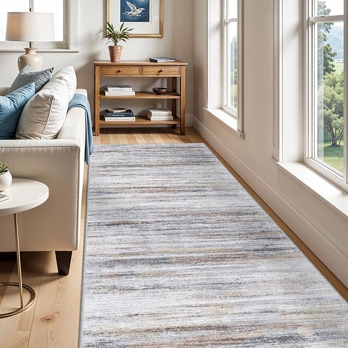 4x8 Wide Washable Runner Rug: Easy-to-Clean Runners for Hallway Entryway Kitchen Bedroom Living Room - Stain and Water Resistant Rugs with Non-Slip Backing - Soft Low-Pile Carpet Beige Grey